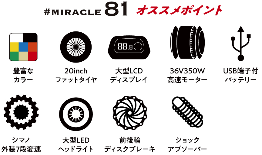#miracle81 おすすめポイント：豊富なカラー、20インチファットタイヤ、大型LCDディスプレイ、36V350W高速モーター、USB端子付きバッテリー、シマノ外装７段変速、大型LEDヘッドライト、前後輪ディスクブレーキ、ショックアブソーバー
